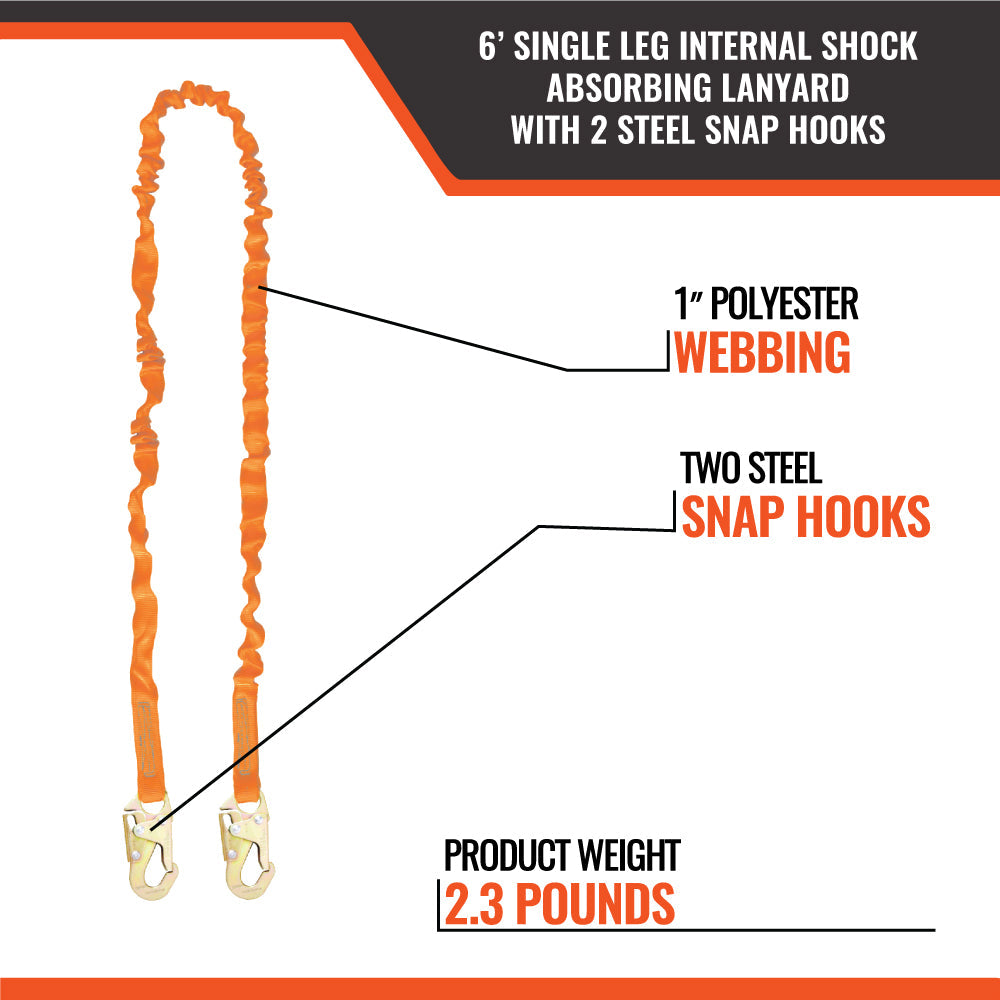6’ SINGLE LEG INTERNAL SHOCK ABSORBING LANYARD WITH 2 STEEL SNAP HOOKS – 15-Pack