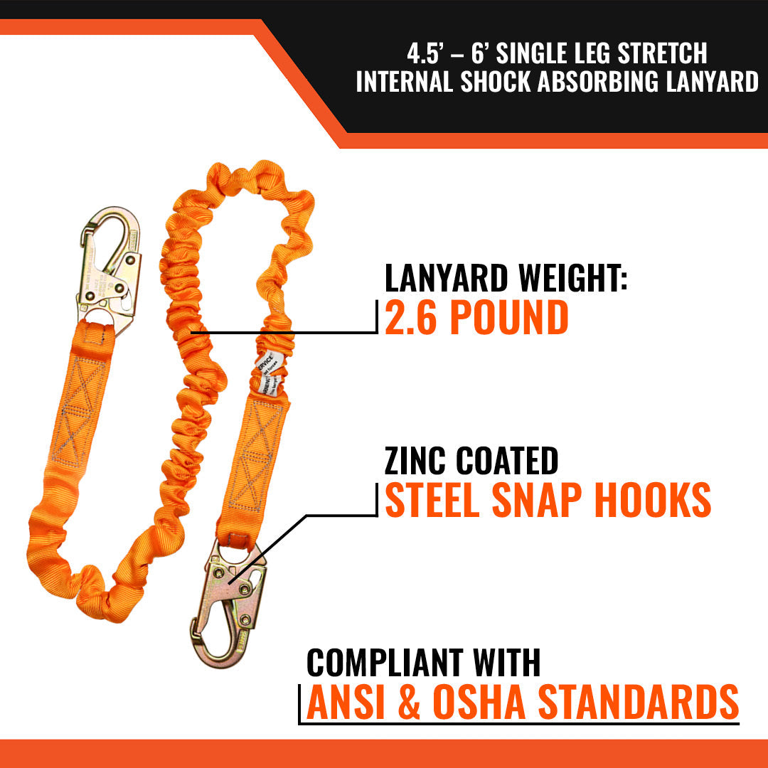 4.5' - 6’ SINGLE LEG STRETCH INTERNAL SHOCK ABSORBING LANYARD W/ 2 STEEL SNAP HOOKS – 15-Pack