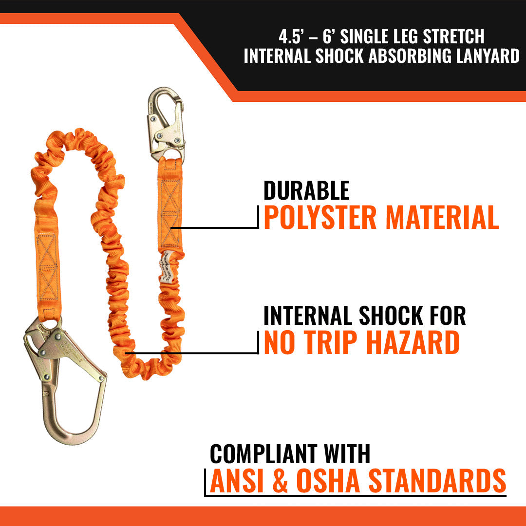 4.5' - 6’ SINGLE LEG STRETCH INTERNAL SHOCK ABSORBING LANYARD WITH 1 REBAR HOOK AND 1 STEEL SNAP HOOK – 10-Pack