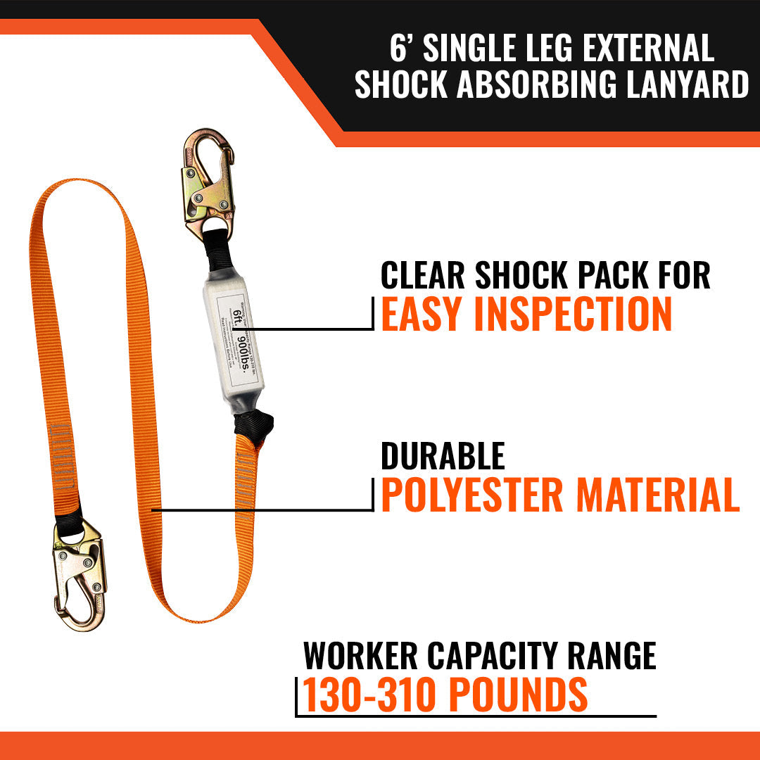 6’ SINGLE LEG EXTERNAL SHOCK ABSORBING LANYARD W/ 2 STEEL SNAP HOOKS