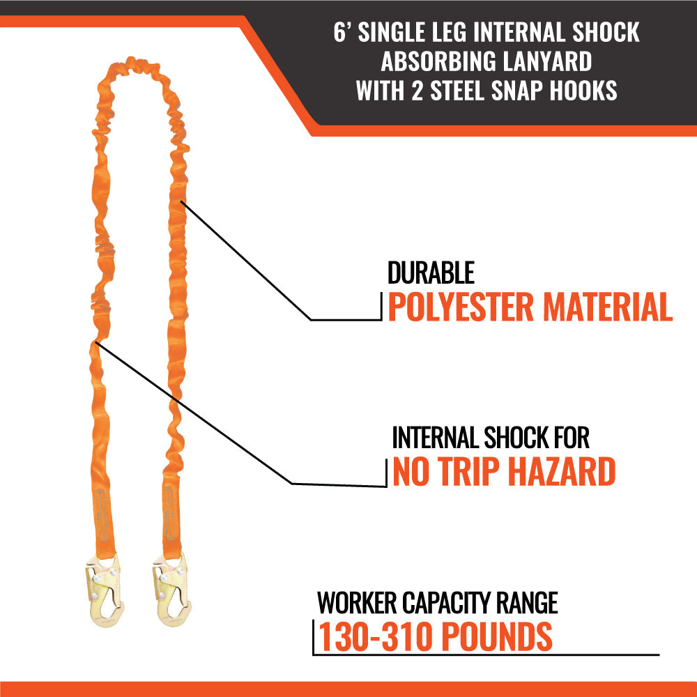 6’ SINGLE LEG INTERNAL SHOCK ABSORBING LANYARD WITH 2 STEEL SNAP HOOKS – 15-Pack
