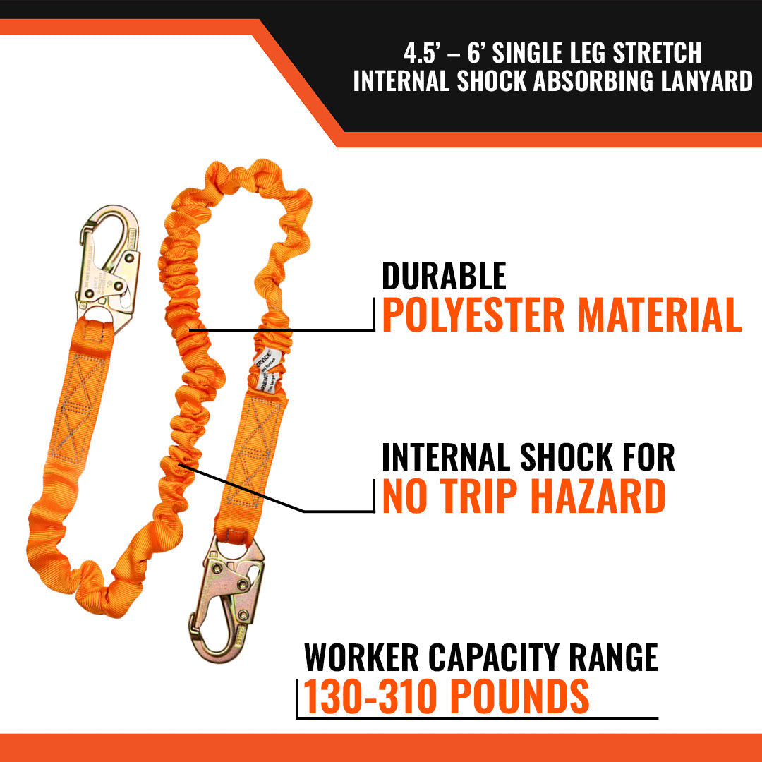 4.5' - 6’ SINGLE LEG STRETCH INTERNAL SHOCK ABSORBING LANYARD W/ 2 STEEL SNAP HOOKS – 15-Pack