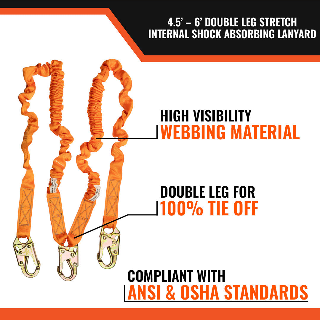 4.5' - 6’ DOUBLE LEG STRETCH INTERNAL SHOCK ABSORBING LANYARD WITH 3 STEEL SNAP HOOKS – 10-Pack