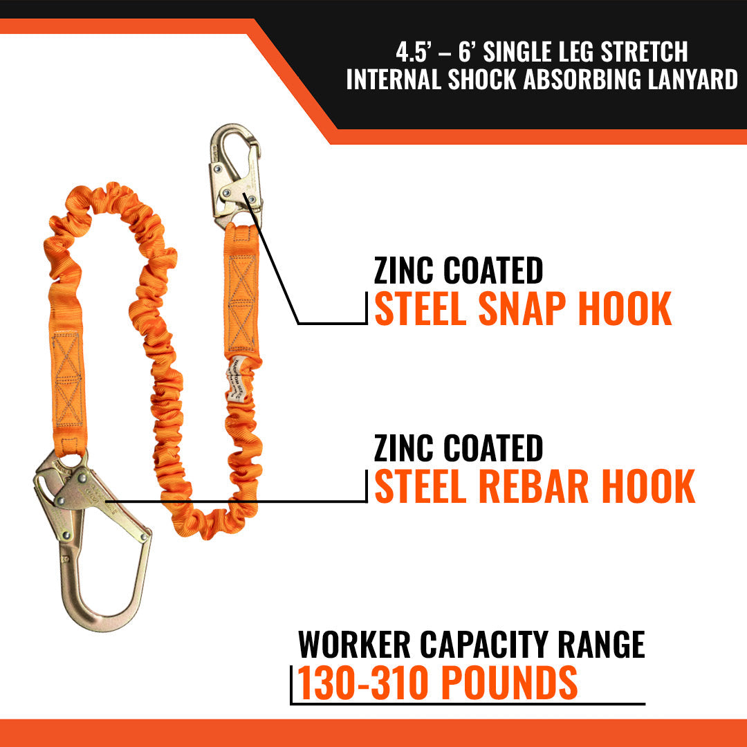 4.5' - 6’ SINGLE LEG STRETCH INTERNAL SHOCK ABSORBING LANYARD WITH 1 REBAR HOOK AND 1 STEEL SNAP HOOK – 10-Pack