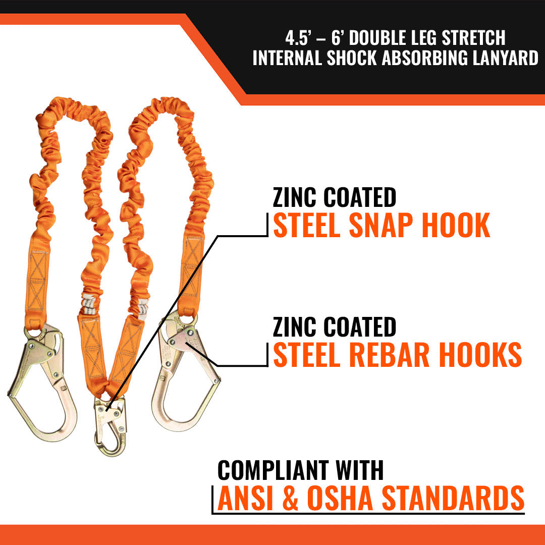 4.5' - 6’ DOUBLE LEG STRETCH INTERNAL SHOCK ABSORBING LANYARD WITH 2 REBAR HOOKS AND 1 STEEL SNAP HOOK – 6-Pack