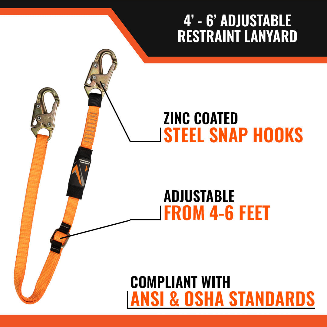 4' - 6' ADJUSTABLE RESTRAINT LANYARD WITH 2 STEEL SNAP HOOKS – 6-Pack